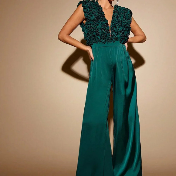 Green Party Women's Plunging Neck Ruffle Wide Leg Jumpsuit - Picture 2 of 6